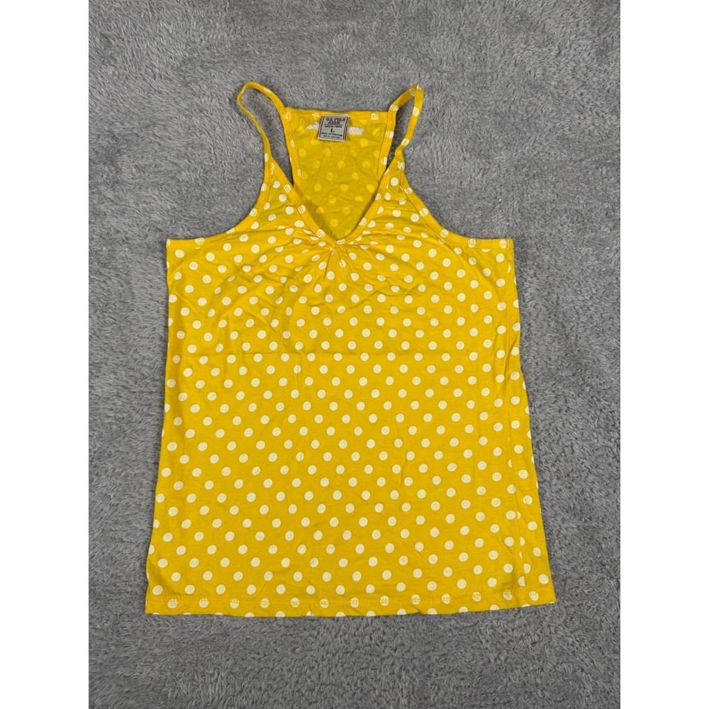 US Polo Assn Tank Top Womens Large Yellow Polka Dot V-Neck Racerback 100% Cotton